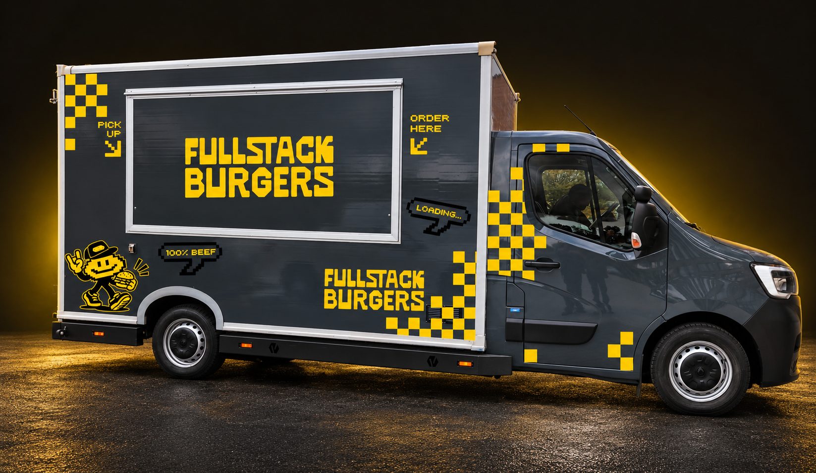De originele Fullstack Burgers-foodtruck met gele belettering en pixelpatronen, volledig in beeld.